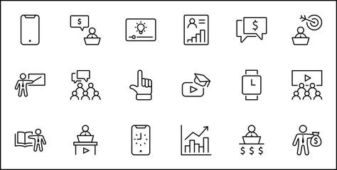 Set of Business Training Related Vector Line Icons. Contains such Icons as Teacher, Class, Presentation, Video, Book, Mentoring, Target and more. Editable Stroke. 32x32 Pixels.