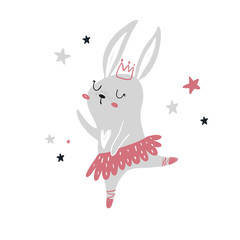 Vector hand-drawn color children's illustration, poster, print with cute dancing bunny ballerina in a dress and a crown in a Scandinavian style on a white background. Cute baby animals. Bunny Princess