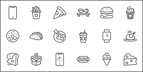 Set of Foods, Drinks Related Vector Line Icons. Contains such Icons as Pizza, Fries, Egg, Meat, Sushi, Chicken, Hamburger, Ice Cream, Donut, Soup, Sandwich, eggs and more. Editable Stroke. 32x32 Pixel