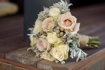 
Bridal bouquet of roses, eustoma and decorative plants