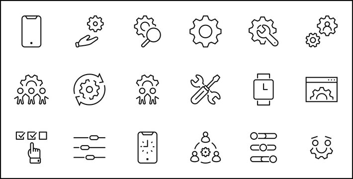 Set of Settings and Setup Vector Line Icons. Contains such Icons as Gear, Setting, Control, Iinstall, Options, Service, and more. Editable Stroke. 32x32 Pixels.