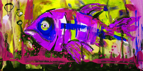 Dipinto olio su tela moderno pesce colorato viola mondo subacqueo