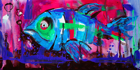 Dipinto acrilico colorato pesce azzurro sott'acqua oceano © Kateryna Kovarzh