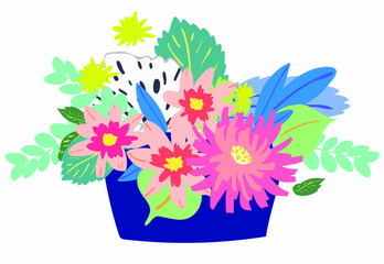 flower pot illustration gift art dahlia and small flowers