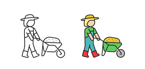 Icon girl gardener with a wheelbarrow. The concept of gardening. Vector illustration in flat style.