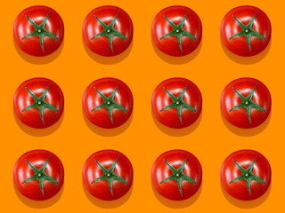 tomato pattern on red,yellow, orange background. Flat sunbed, top view. A pattern of tomatoes.