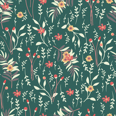 Vector seamless  pattern of wild flowers on green background. Floral illustration for textile, print, wallpapers, wrapping.