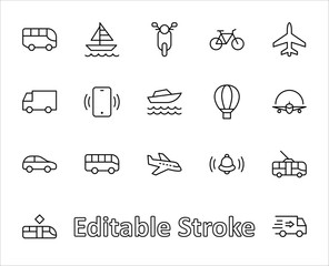 Set of Public Transport Related Vector Line Icons. Contains such Icons as Bus, Bike, Scooter, Car, balloon, Truck, Tram, Trolley, Sailboat, powerboat, Airplane and more. Editable Stroke. 32x32 Pixel