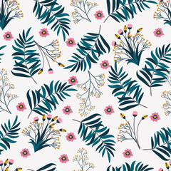 Fototapeta premium Vector seamless pattern with leaves and flowers on white background. Floral illustration for textile, print, wallpapers, wrapping.