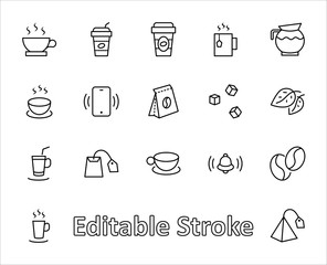 Set of Coffee and Tea Vector Line Icons. Contains such Icons as Cup of Tea, Teabags, Coffee beans and Green Tea Leaves, a pitcher of Water, Sugar Cubes and more. Editable Stroke. 32x32 Pixel Perfect
