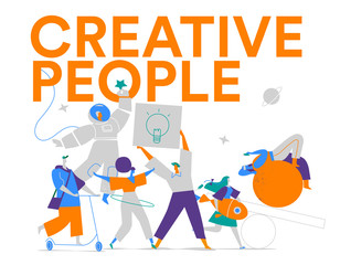 Giovani ragazzi creativi esprimono la loro personalità. Gruppo di personaggi eccentrici maschili e femminili © Hurca!