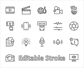 International Film Day Set Line Vector Icons. Contains such Icons as Clapperboard, Camera, Video, Play, Film, Lens, Microphone, Media settings and more. Editable Stroke. 32x32 Pixel Perfect