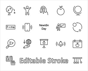 Newton's Day Set Line Vector Icon. Contains such Icons as Newton, Laws of physics and gravity, Flying Apple, Calendar, Teacher, blackboard and projector Editable Stroke. 32x32 Pixel Perfect
