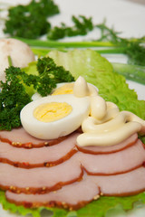 Ham with eggs and vegetables