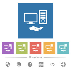 Shared computer flat white icons in square backgrounds