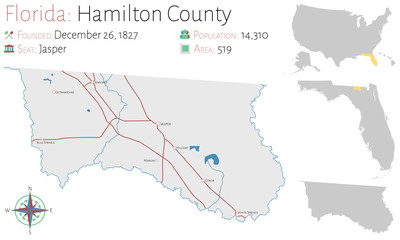 Large and detailed map of Hamilton county in Florida, USA.