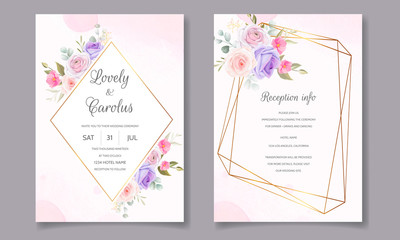 Beautiful wedding invitation card template with spring leaves and flower