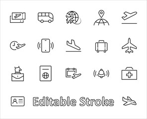 Set of Airport Related Vector Line Icons. Contains such Icons as Globe, Departure, Plane, Bus, Tickets, Baggage Claim, Calendar, Kit and more. Editable Stroke. 32x32 Pixels.