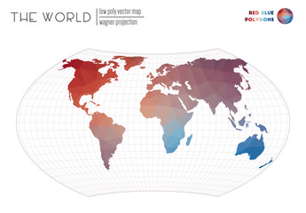 Triangular mesh of the world. Wagner projection of the world. Red Blue colored polygons. Modern vector illustration.