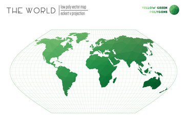 Triangular mesh of the world. Eckert V projection of the world. Yellow Green colored polygons. Energetic vector illustration.