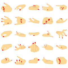 Female hands with manicure, vector set of beautiful woman hands isolated on white background