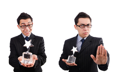 Funny guy receiving award on white