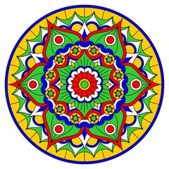 Bright round mandala with geometric and floral patterns. Vector design.