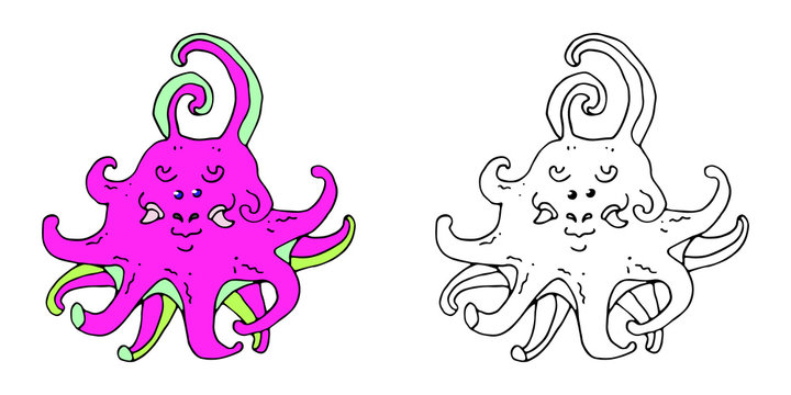 Cute little fun fantastic octopus. Coloring page for children. Vector hand drawn illustration. Colorless and color samples for antistress coloring book. Black and white isolated on white background.