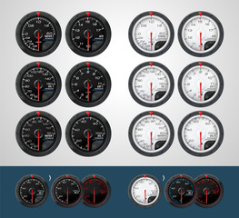 Car dashboard gauges set. White. Black. Gauges Volt. Water Temp. Oil Temp. Oil Press. Tachometer. RPM. Turbo. Boost sensor set. Exhaust Temp Sensor set. Fuel Pressure. High Quality Sensors. Vector.