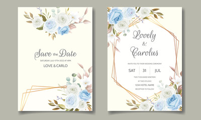 Fototapeta na wymiar Beautiful wedding invitation card template with spring leaves and flower