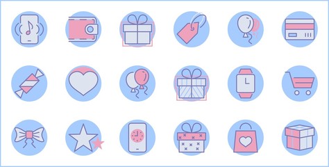 Set of gifts, vector line icons. Contains symbols gift cards, ribbons and more. Editable Stroke. 32x32 pixel.