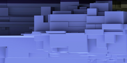 Horizontal abstract volumetric composition of blue parallelepipeds with complex lighting. 