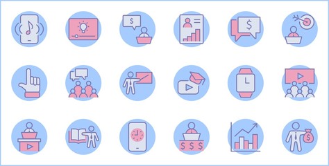 Set of Business Training Related Vector Line Icons. Contains such Icons as Teacher, Class, Presentation, Video, Book, Mentoring, Target and more. Editable Stroke. 32x32 Pixels.