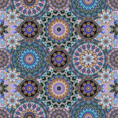 Ornamental seamless pattern with mandalas. Indian, persian, moroccan motifs. Print for fabric and textile. Patchwork design.