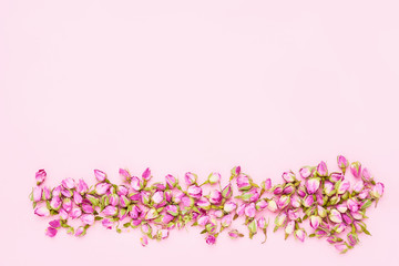 Fototapeta na wymiar Border of Dried pink roses for tea on pink background. Top view, copy space
