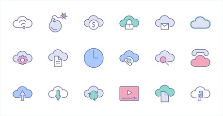 Fototapeta premium Set of cloud vector line icon. It contains symbols to upload, download, link and more. Editable Stroke. 32x32 pixels.