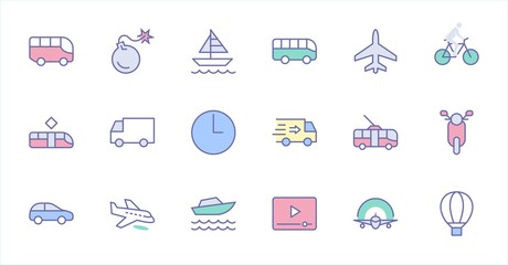 Set of Public Transport Related Vector Line Icons. Contains such Icons as Bus, Bike, Scooter, Car, balloon, Truck, Tram, Trolley, Sailboat, powerboat, Airplane and more. Editable Stroke. 32x32 Pixel