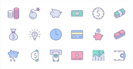 Set of Money Related Vector Line Icons. Contains such Icons as Money Bag, Piggy Bank in the form of a Pig, Wallet, ATM, Bundle of Money, Hand with a Coin and more. Editable Stroke. 32x32 Pixel Perfect