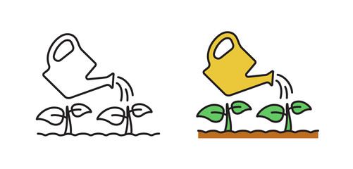 Icon watering plants. Concept of gardening. Vector illustration in flat style. - obrazy, fototapety, plakaty
