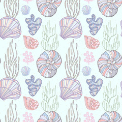 Seashells, starfishs, mollusks, Coral and Algae vector graphic colorful pattern