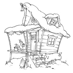 Cartoon outline fairytale illustration with magic house and two rabbits with gifts. Vector hand drawn coloring page with winter landscape. Holiday greeting.