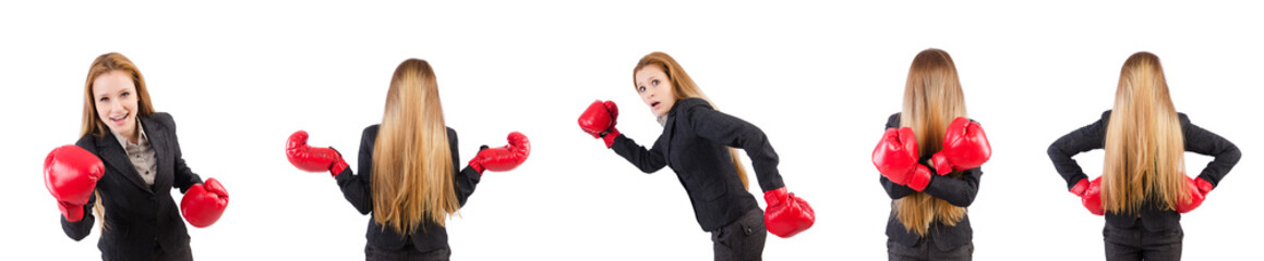 Woman businesswoman with boxing gloves on white