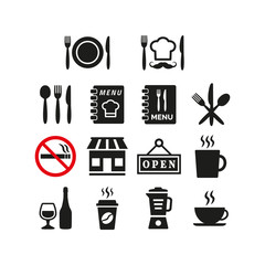Restaurant and cafe icons set on white background.