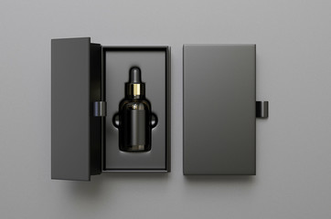 Blank dropper bottle paper box packaging, 3d render illustration.