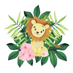 Watercolor cute baby lion. Cartoon hand drawn safari animal with tropical leaves and flowers.