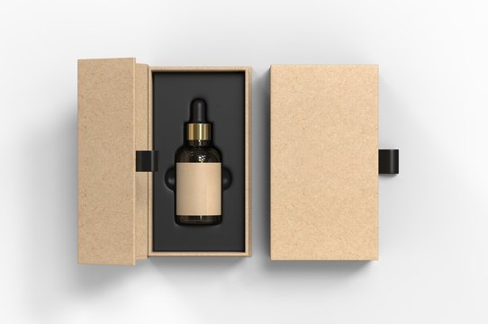 Blank dropper bottle paper box packaging, 3d render illustration.