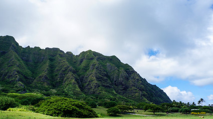 Lush green mountains of Oahu, Hawaii.
