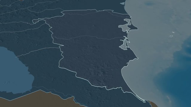 Atl&aacute;ntico Sur, autonomous region with its capital, zoomed and extruded on the administrative map of Nicaragua in the conformal Stereographic projection. Animation 3D