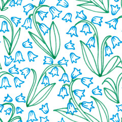 Fototapeta na wymiar Seamless pattern of bluebell and campanula flowers drawn by watercolor brokers. Color contours of flowers. Can be used for wrapping paper, fabric, wallpaper.
