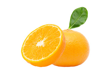 Fresh orange fruit and orange slices isolated on white background.